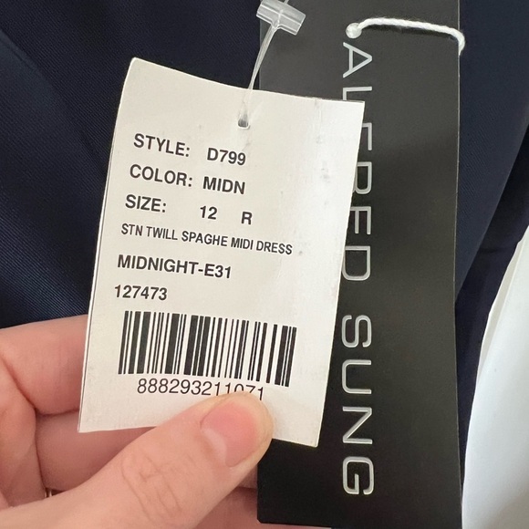 NWT Alfred Sung Spaghetti-Strap Satin Midi Dress Midnight Navy Blue - Picture 7 of 8